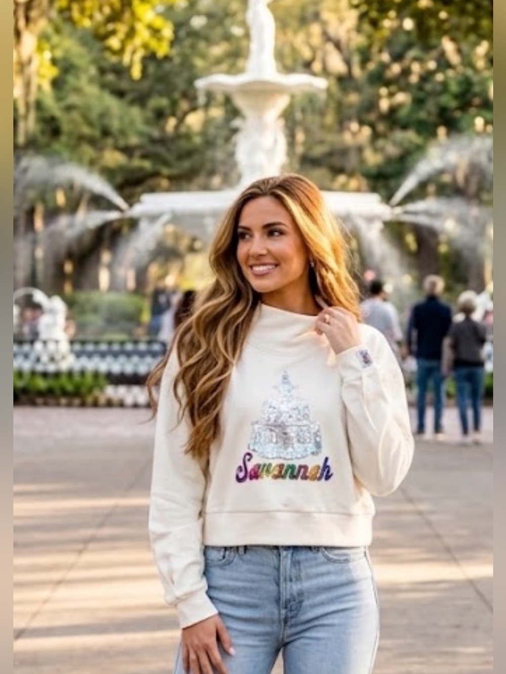 New! QUEEN OF SPARKLES Light Beige Sequin Savannah City Icon Sweatshirt